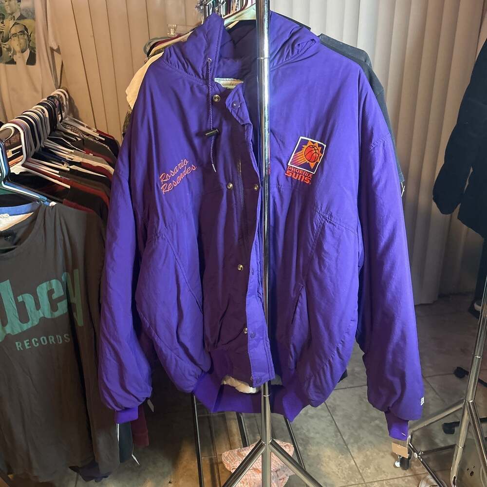 Vintage 90s Phoenix Suns Competitor NBA Hooded Puffer Parka Jacket Purple